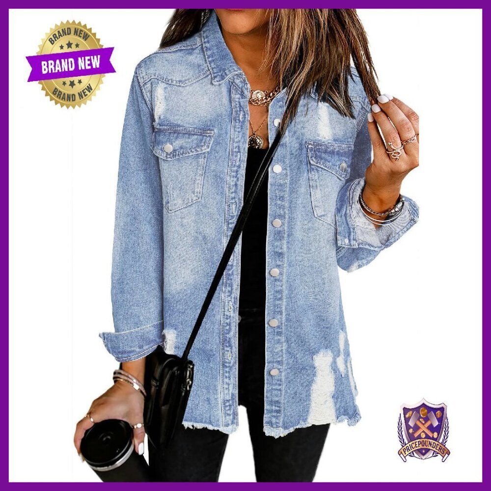 Oversized Denim Jacket Distressed Long Sleeve Button Closure Casual